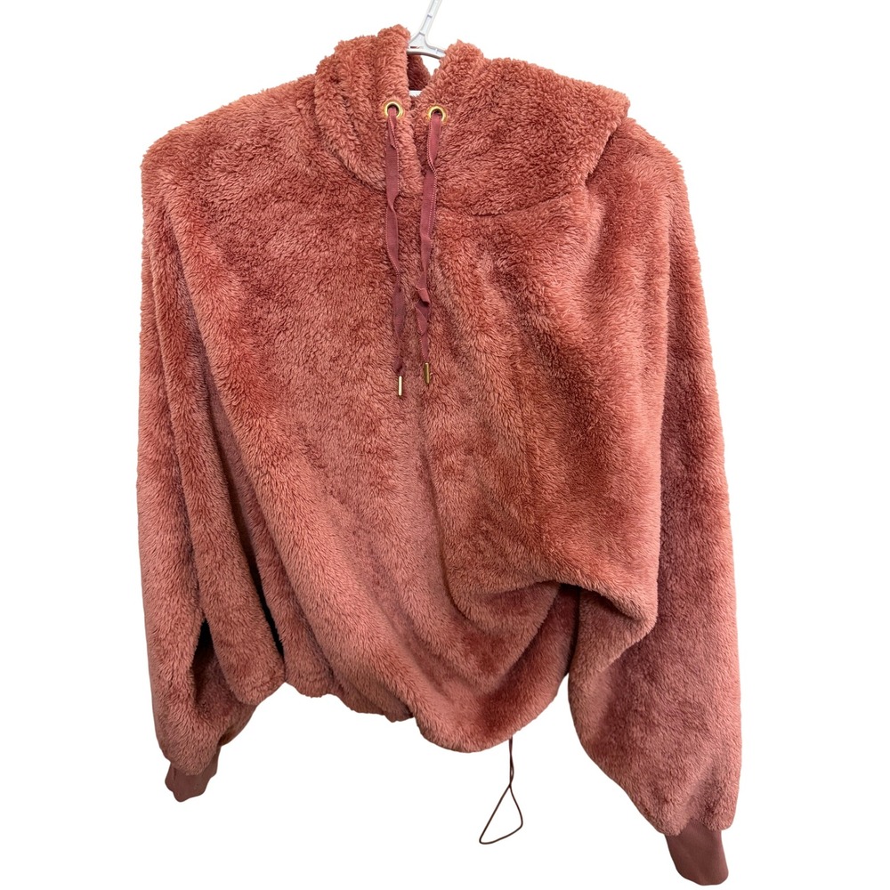 Old Navy Women's L Tall Coral Fuzzy Plush Fleece Hoodie Cropped Drawstring